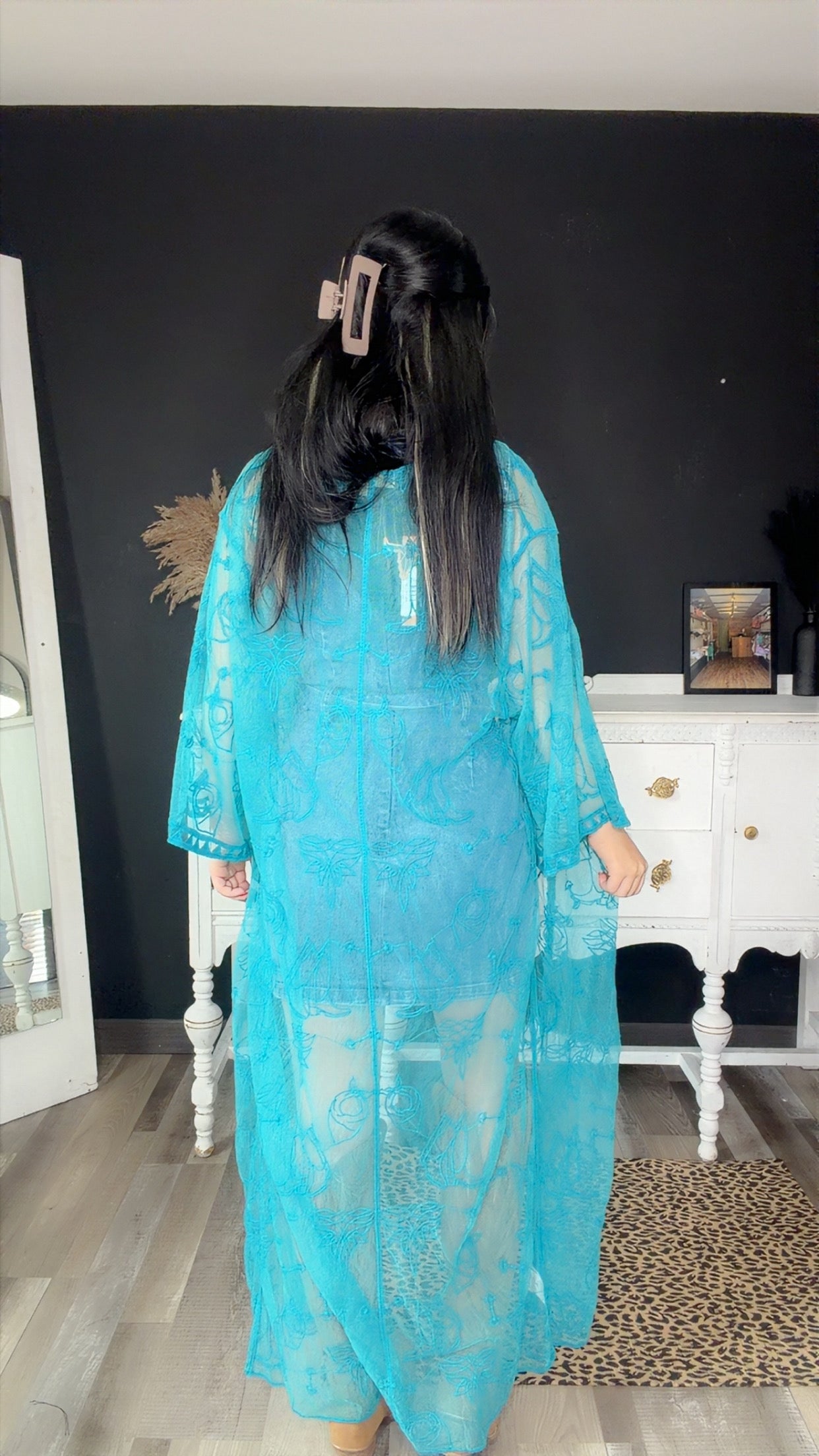 Turquoise Front-Tie Mesh Duster