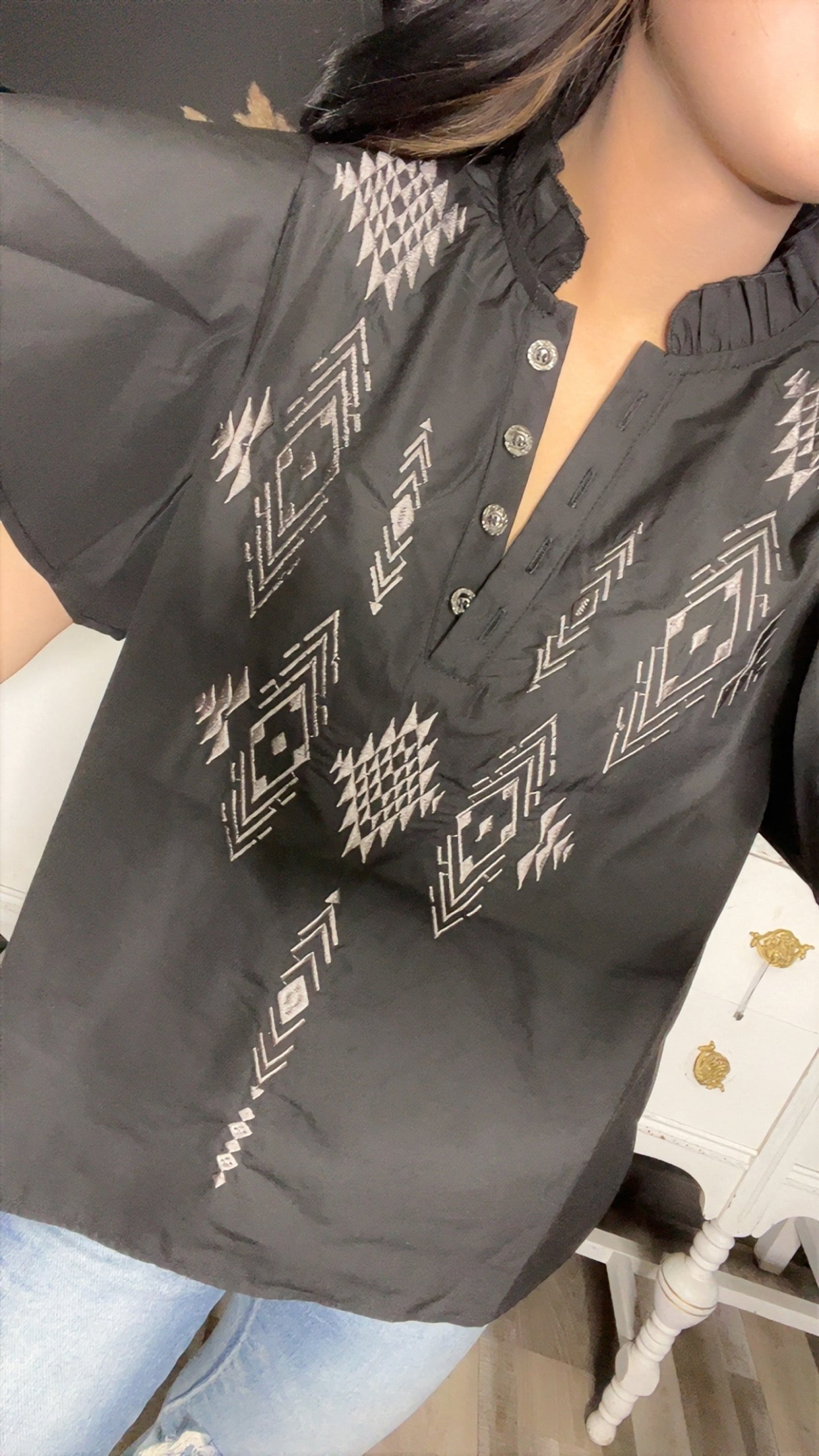 Black Embroidered Ruffle Top