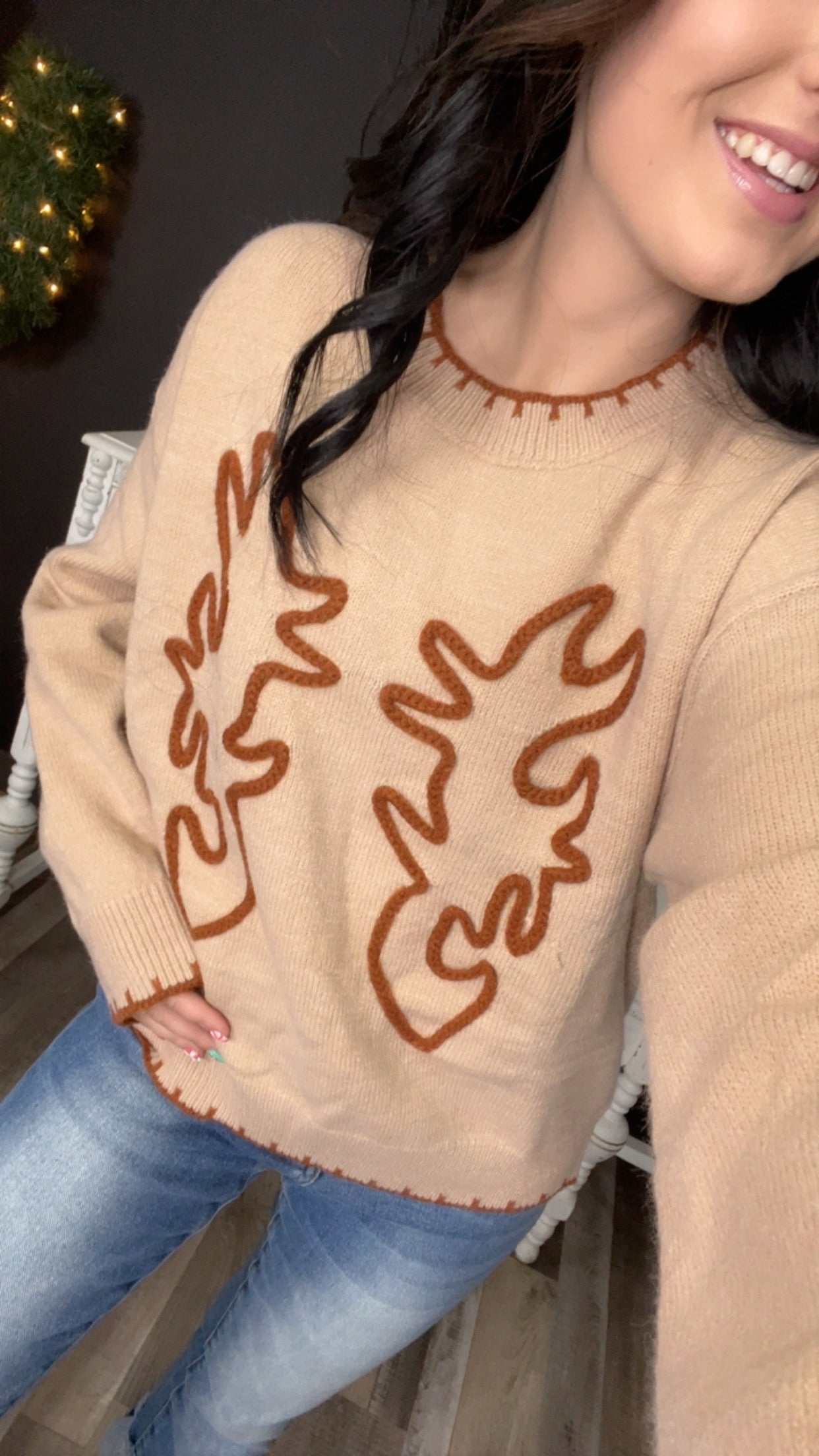 Beige Boot-stitched Knit Sweater