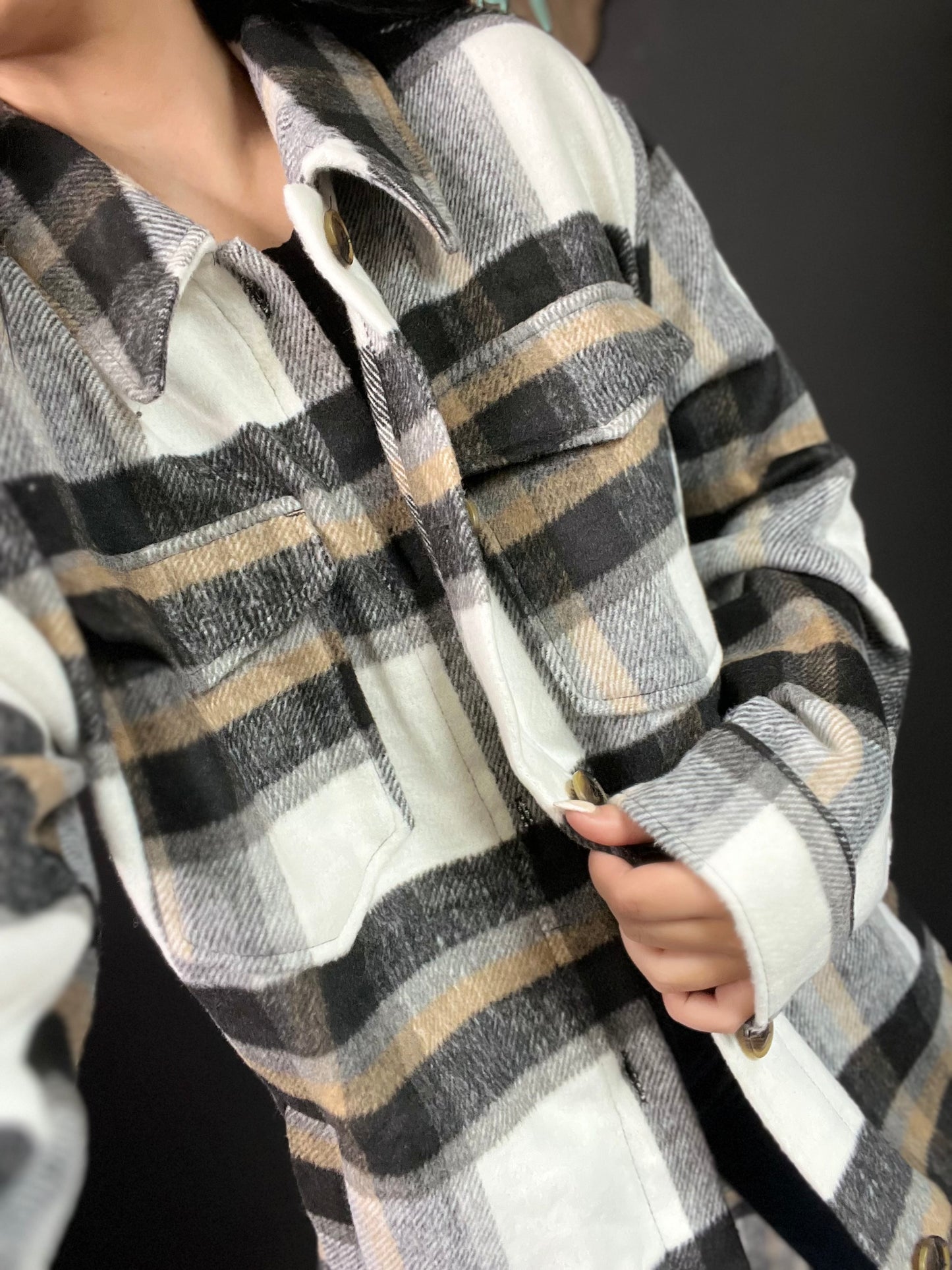 Plaid Button Down Jacket- Black