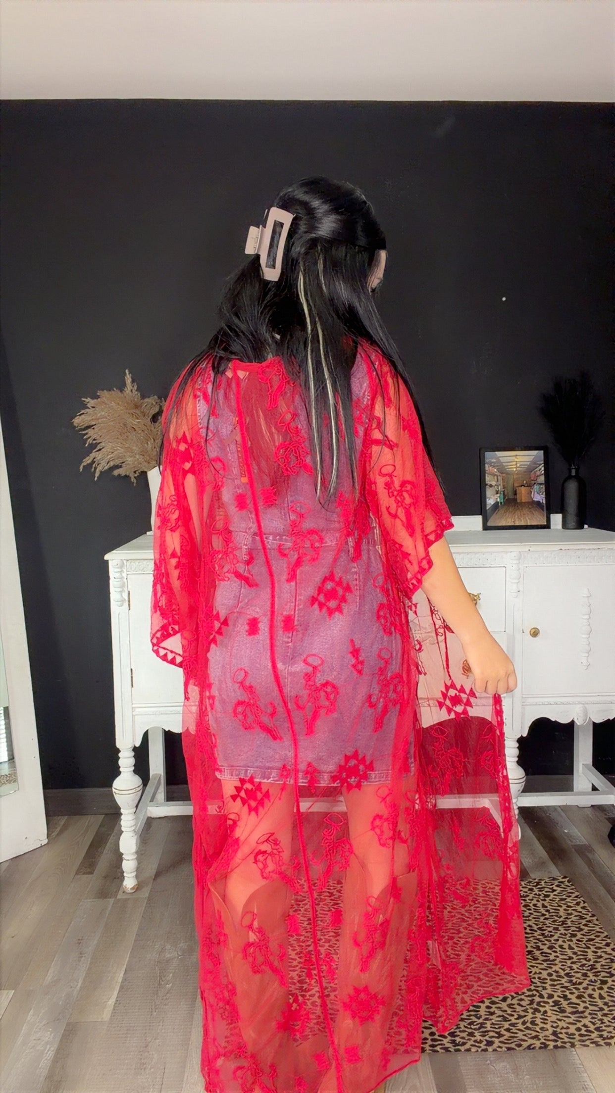 Red Front-Tie Mesh Duster