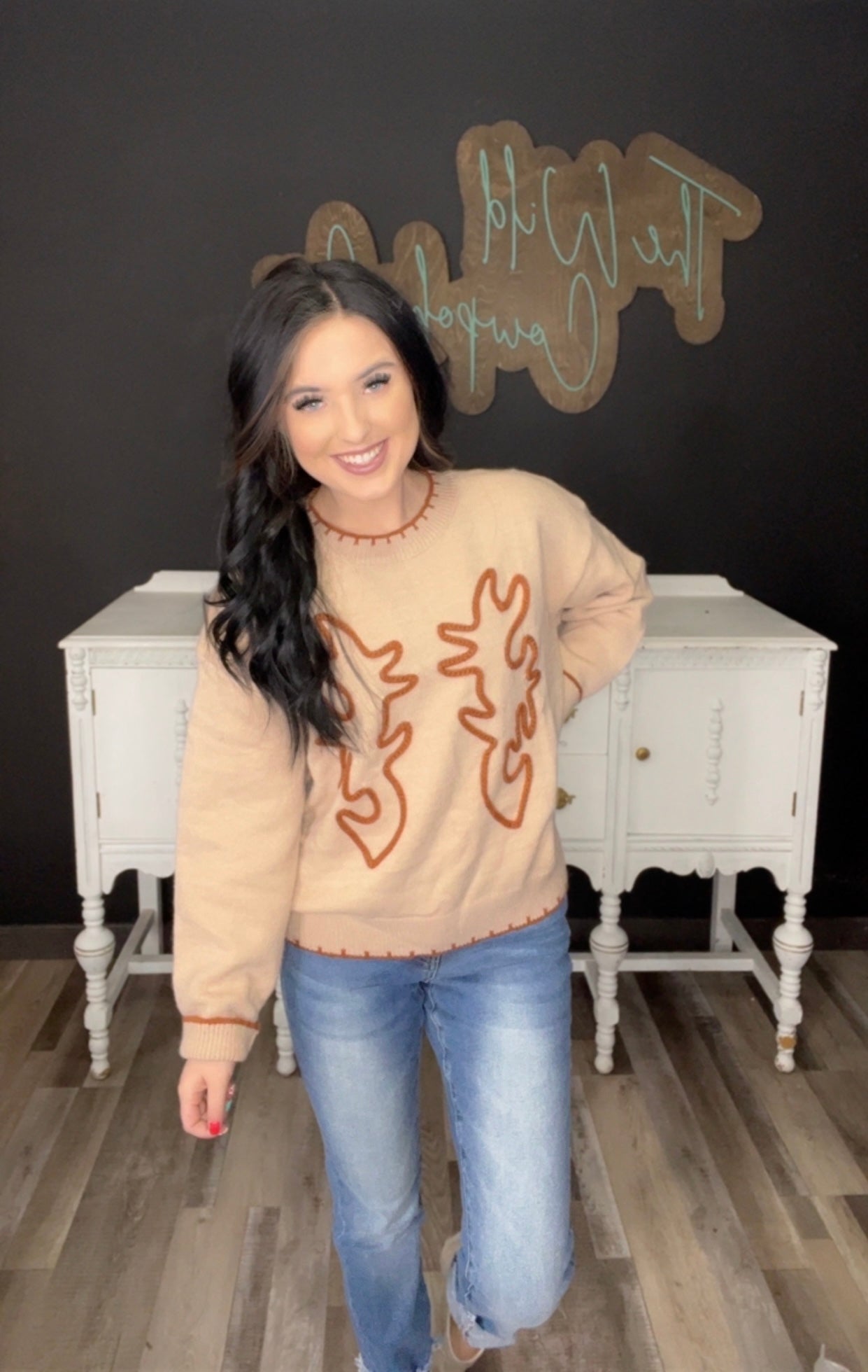 Beige Boot-stitched Knit Sweater