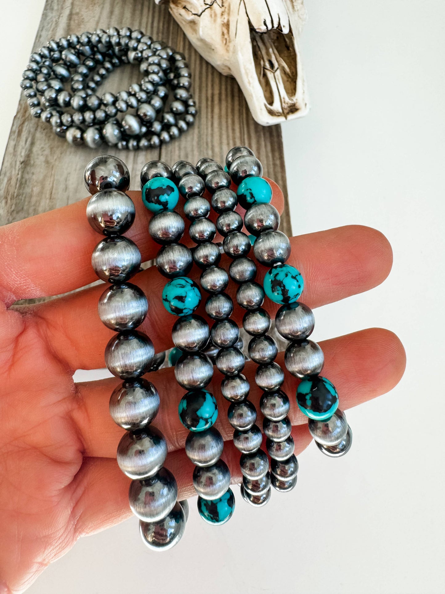 Navajo Style Bead Stretch Bracelets: SILVER + TURQUOISE