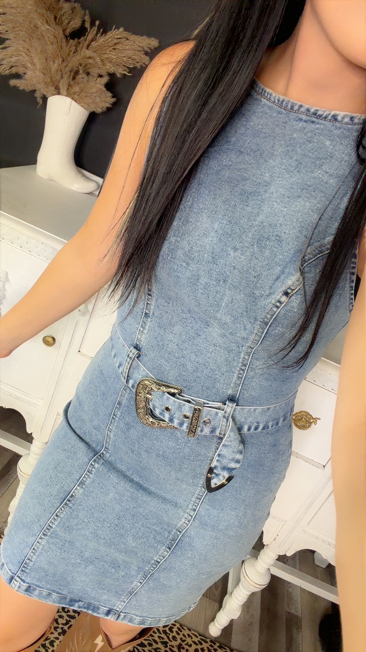 Vintage Light Wash Stretch Denim Sleeveless  Dress