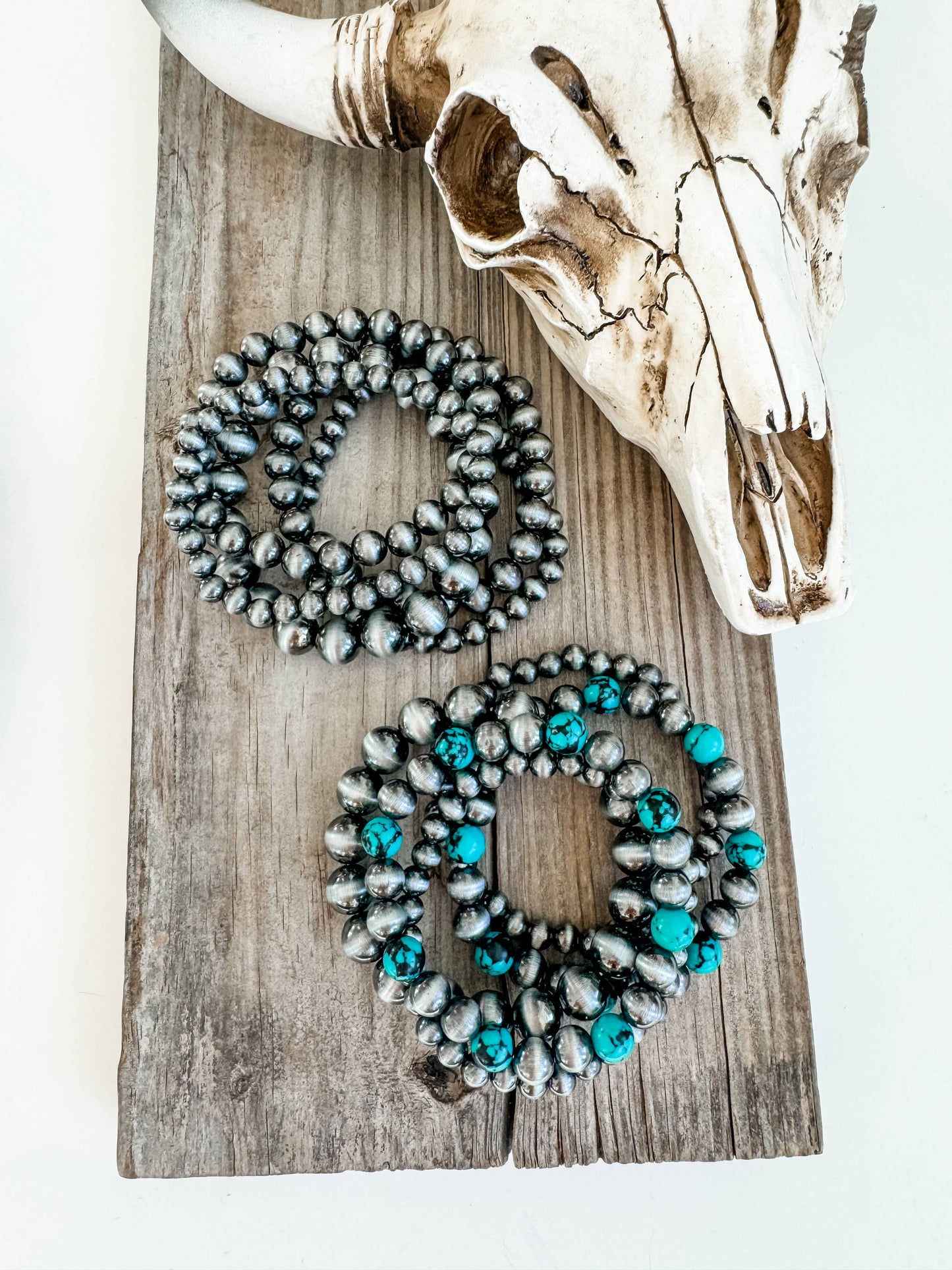 Navajo Style Bead Stretch Bracelets: SILVER + TURQUOISE