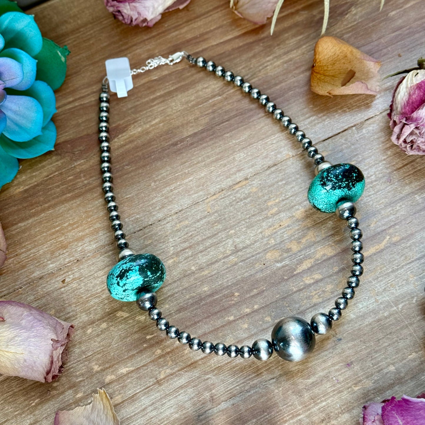16” Turquoise Rondelle Necklace – Sterling Silver Pearls