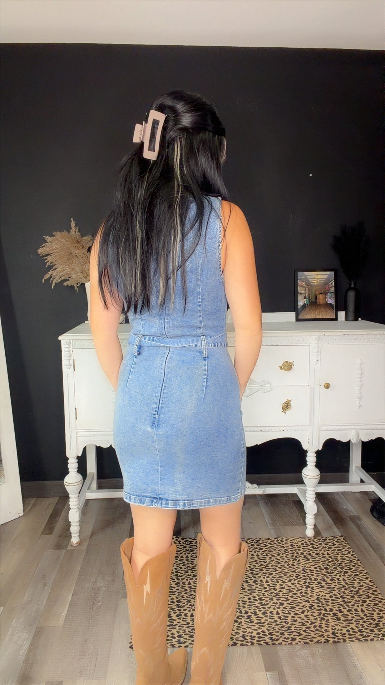 Vintage Light Wash Stretch Denim Sleeveless  Dress