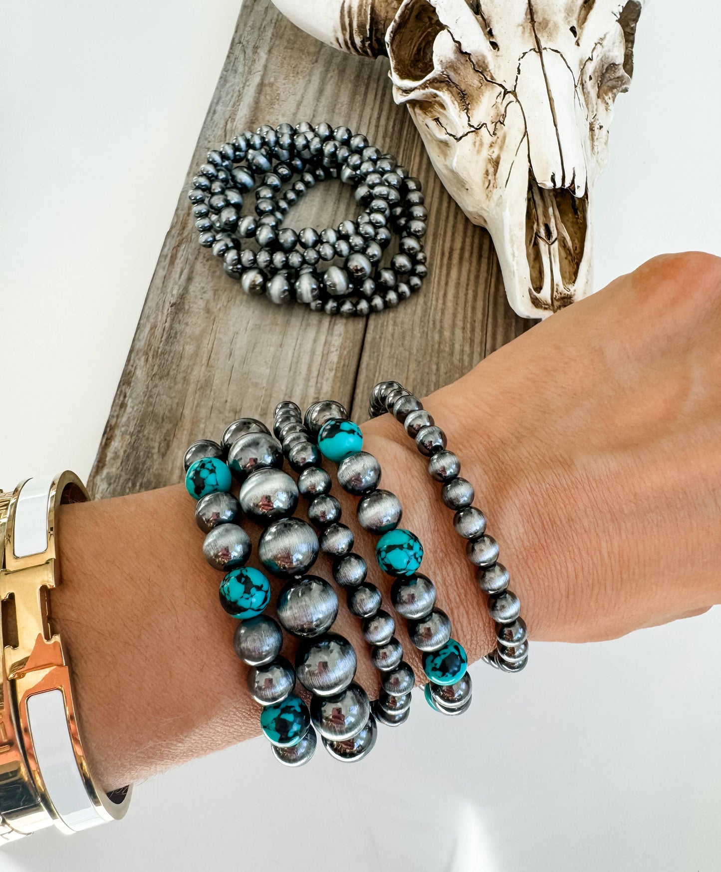 Navajo Style Bead Stretch Bracelets: SILVER + TURQUOISE
