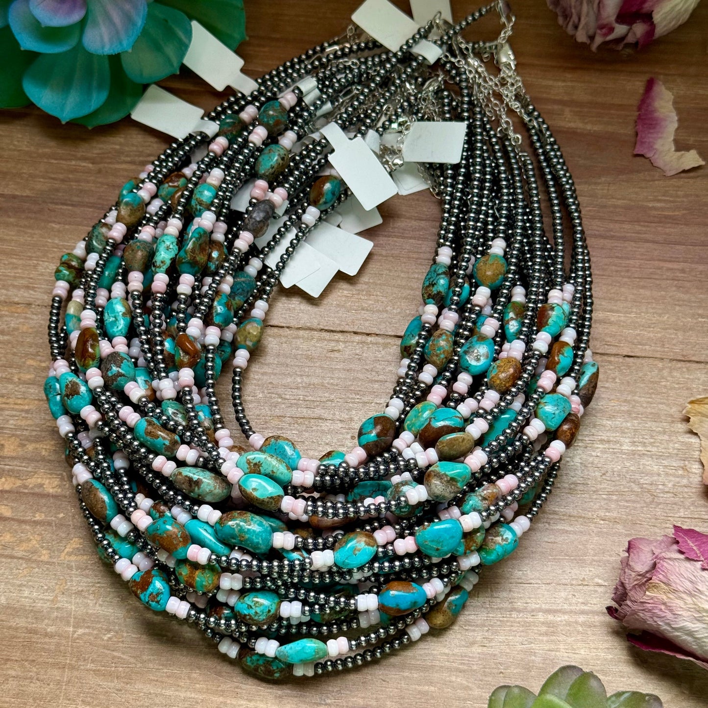 15” Pink Conch & Turquoise Necklace – Sterling Silver