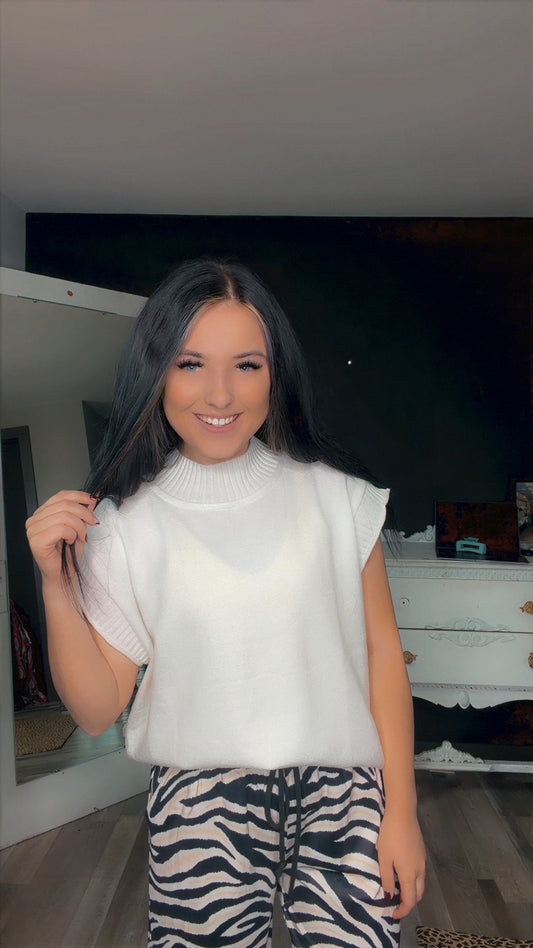Sleeveless Ribbed Knit Sweater Top- White