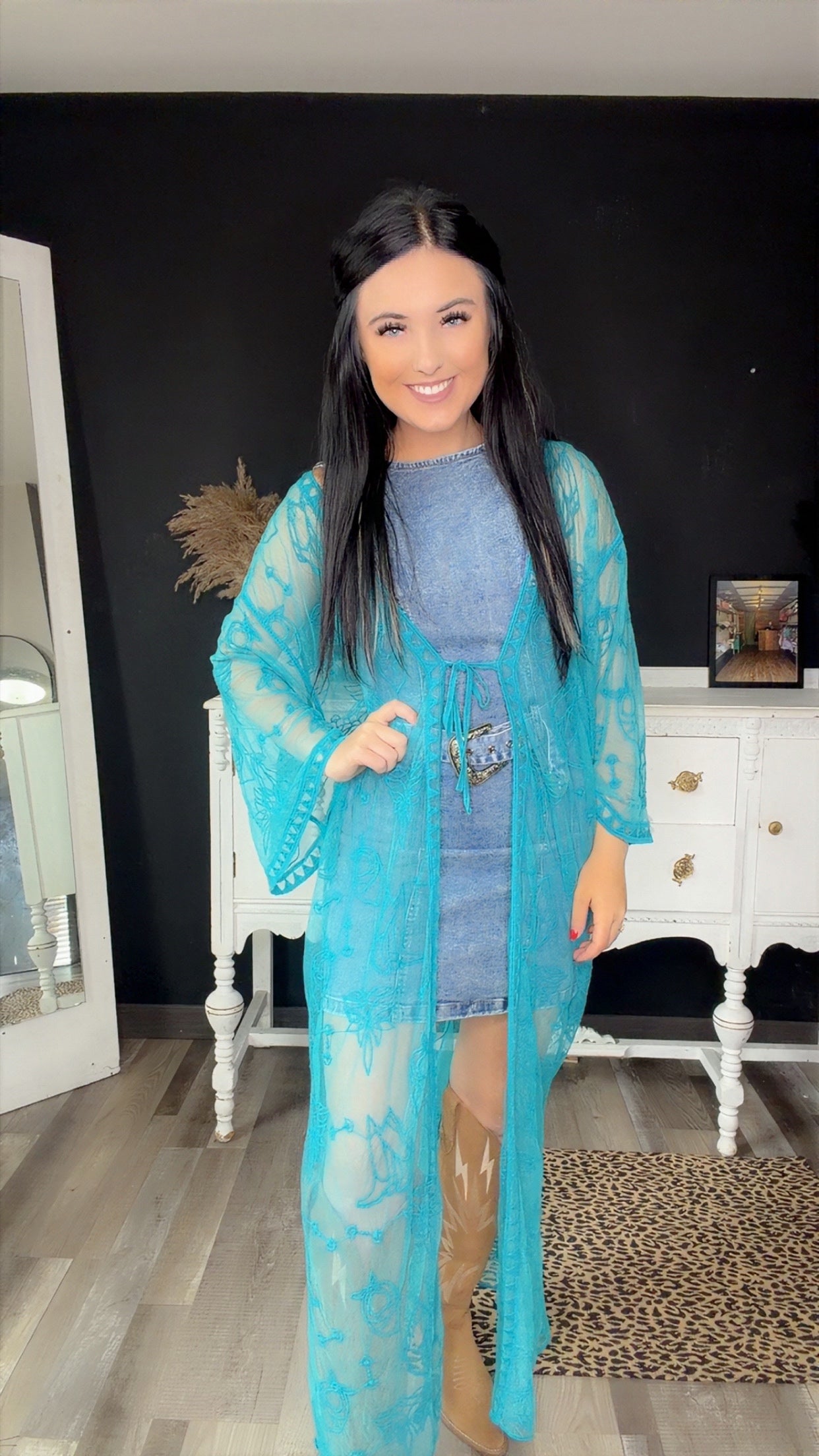 Turquoise  Front-Tie Mesh Duster