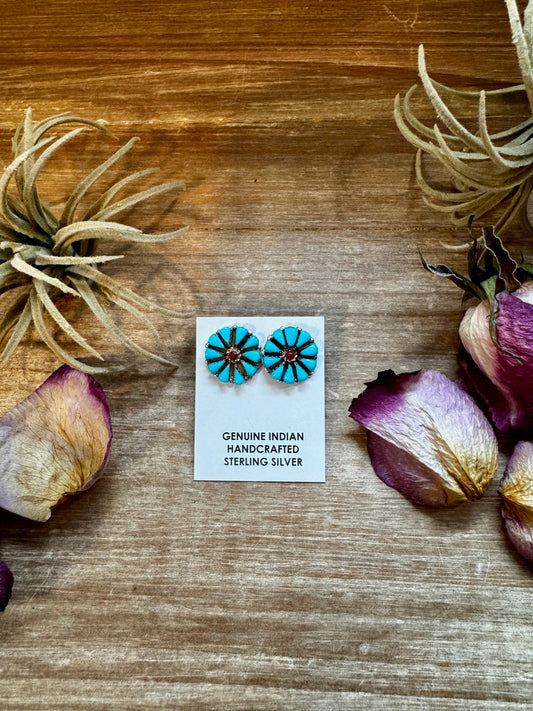 Blue Magnesite Turquoise & Red Cluster Stud Earrings