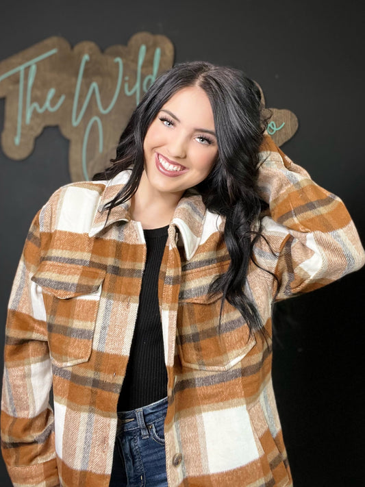 Plaid Button Down Jacket- Clay