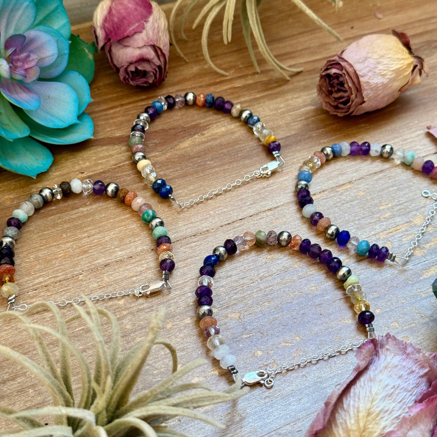 6.25” Mixed Gemstone Bracelet – 6mm Sterling Silver Pearls