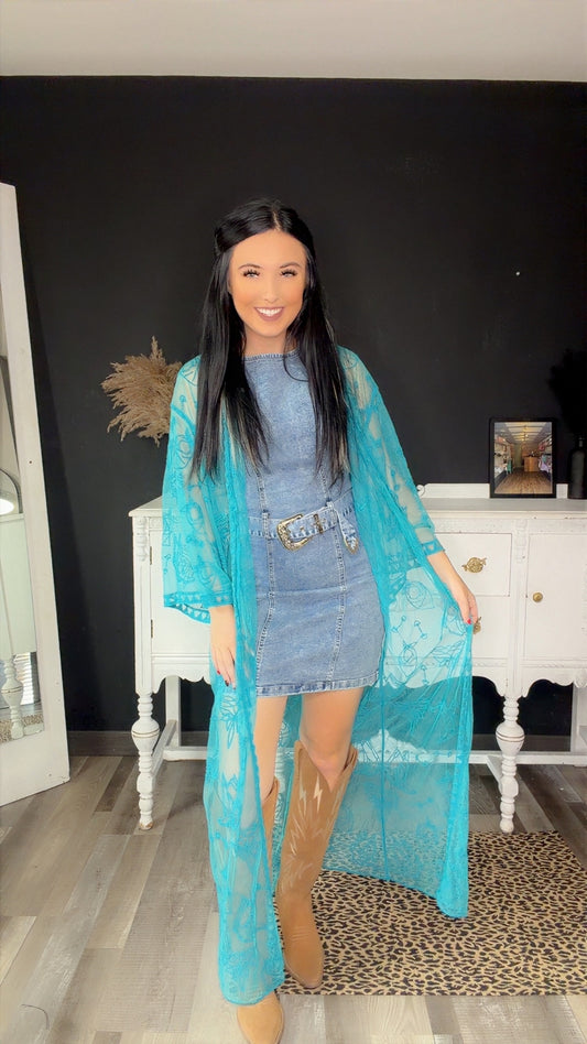 Turquoise  Front-Tie Mesh Duster