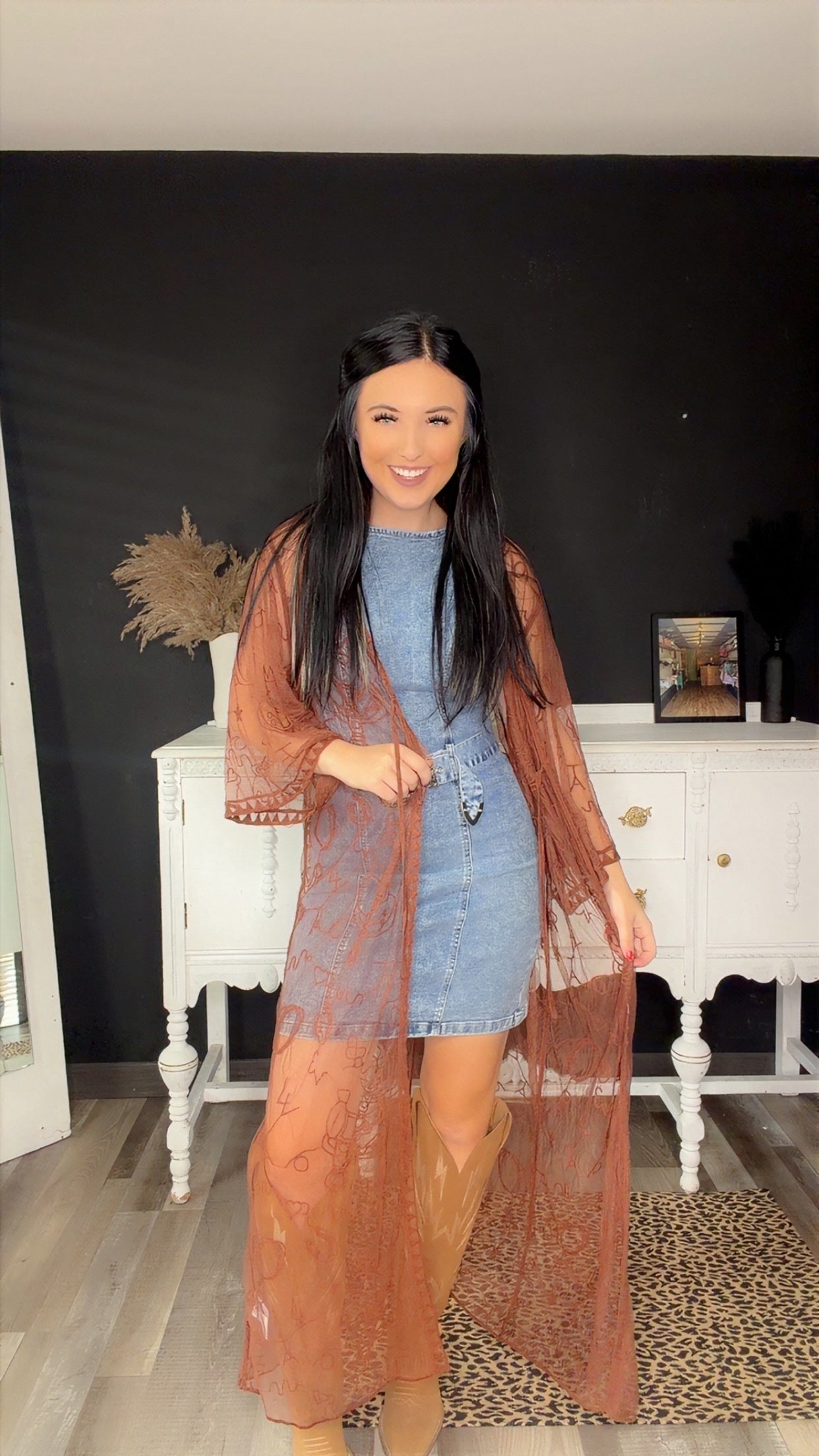 Brown Front-Tie Mesh Duster