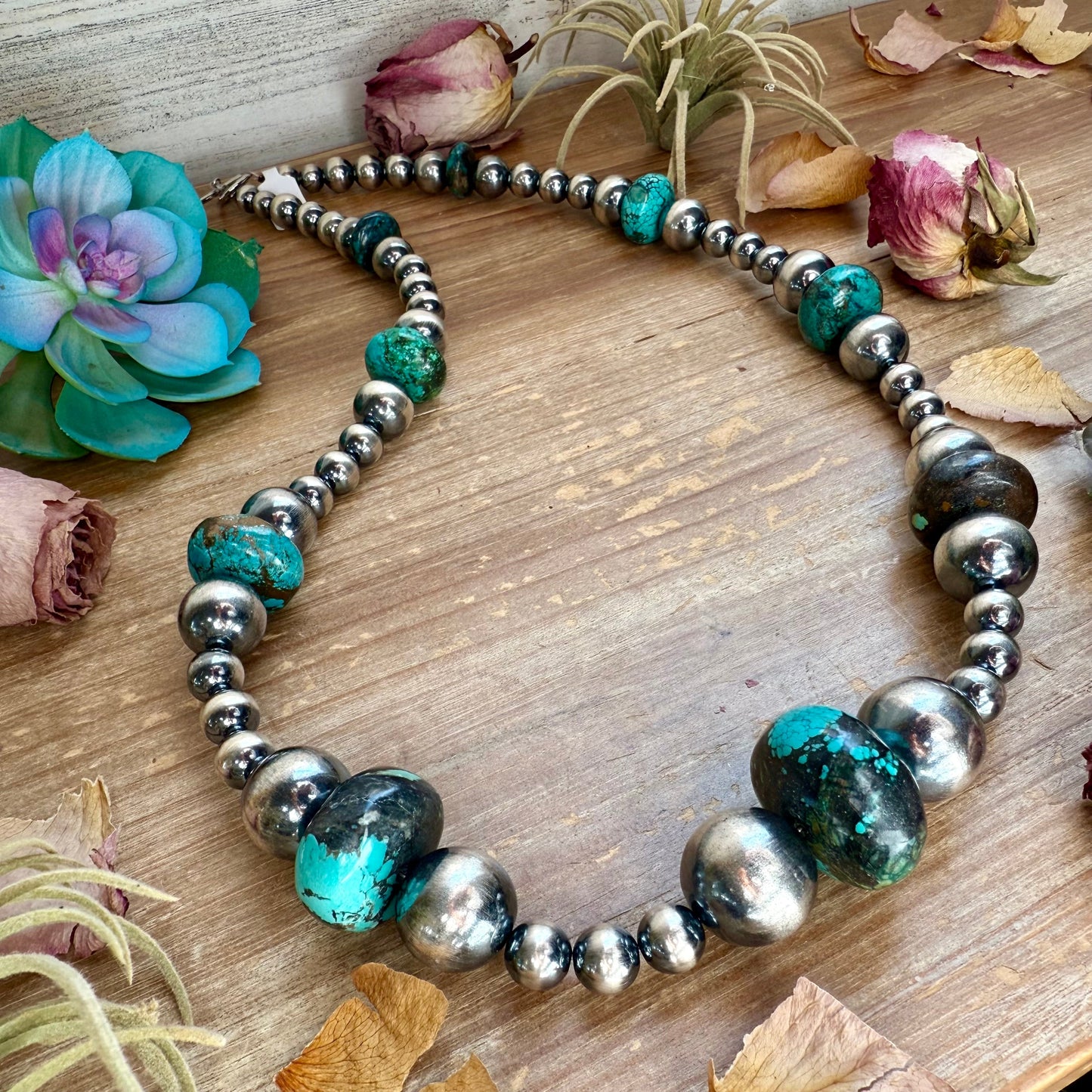 29” Massive Turquoise Rondelle Necklace – Sterling Silver Pearls