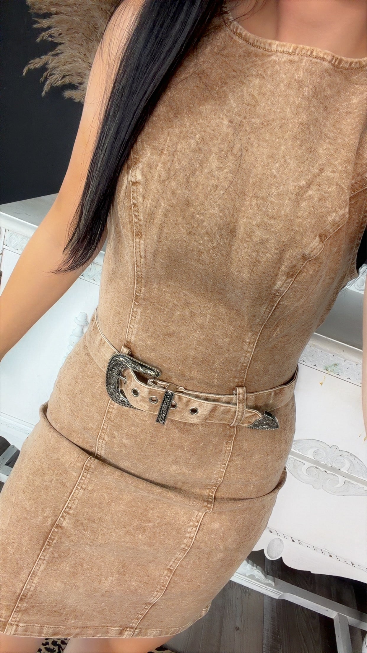 Brown Stretch Denim Sleeveless Dress
