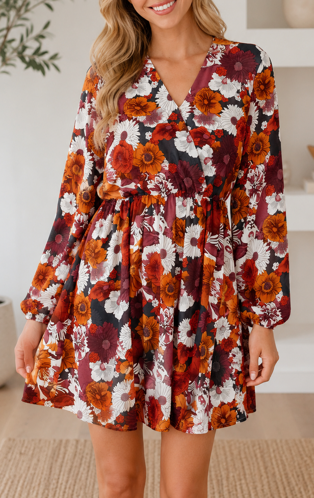 Red Floral V Neck Mini Dress PREORDER