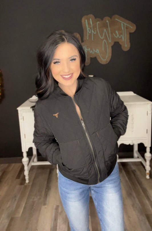 Black Quilted Bomber Jacket