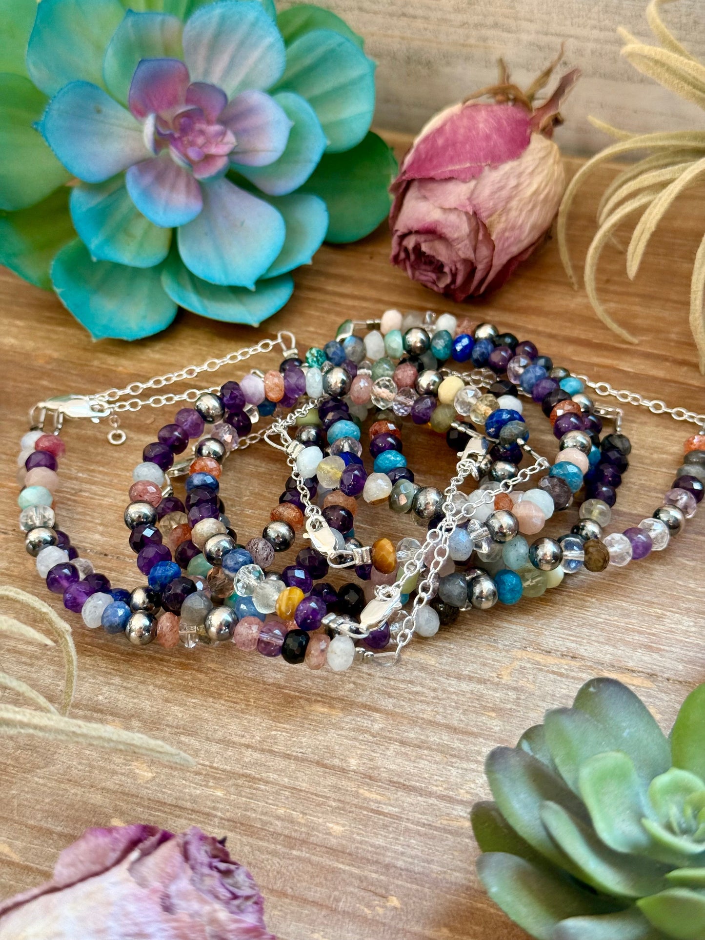 6.25” Mixed Gemstone Bracelet – 6mm Sterling Silver Pearls