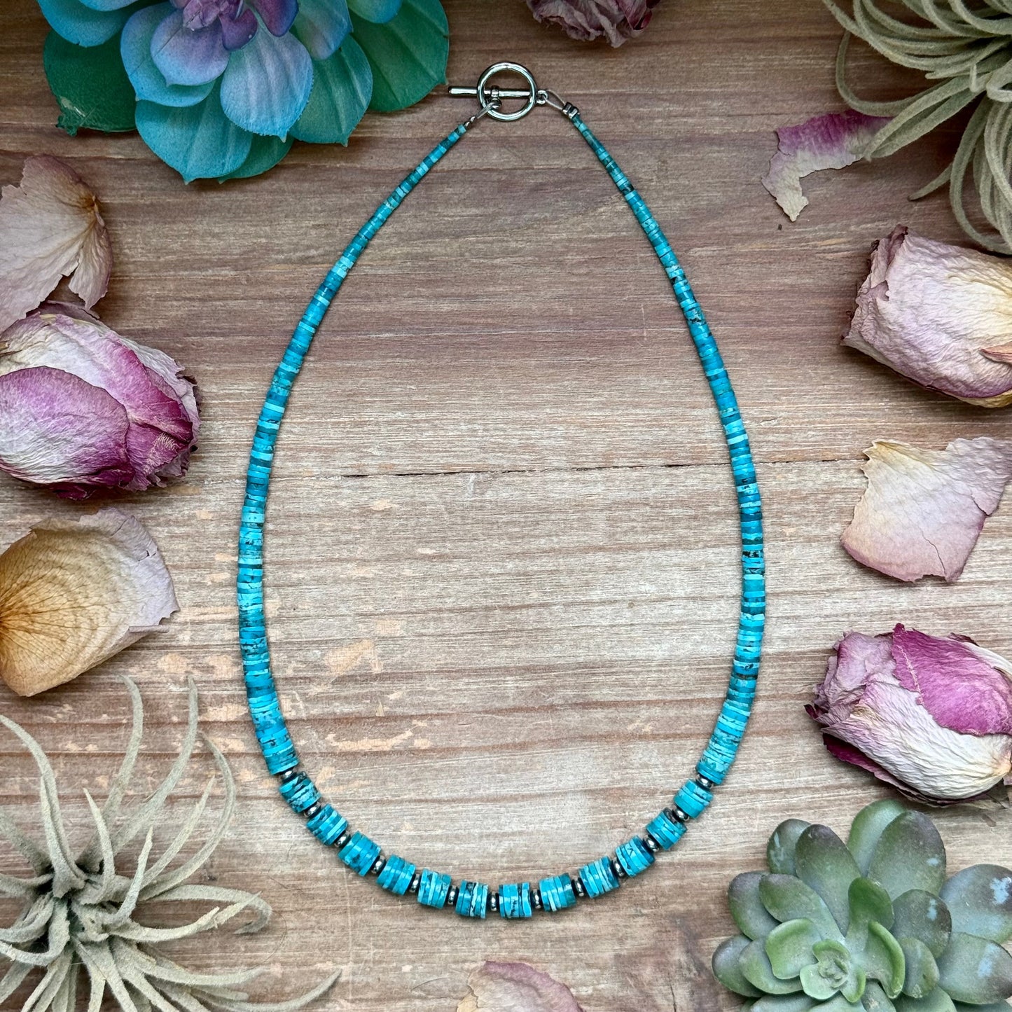 19” Graduated Turquoise Heishi Necklace – 5mm Saucers
