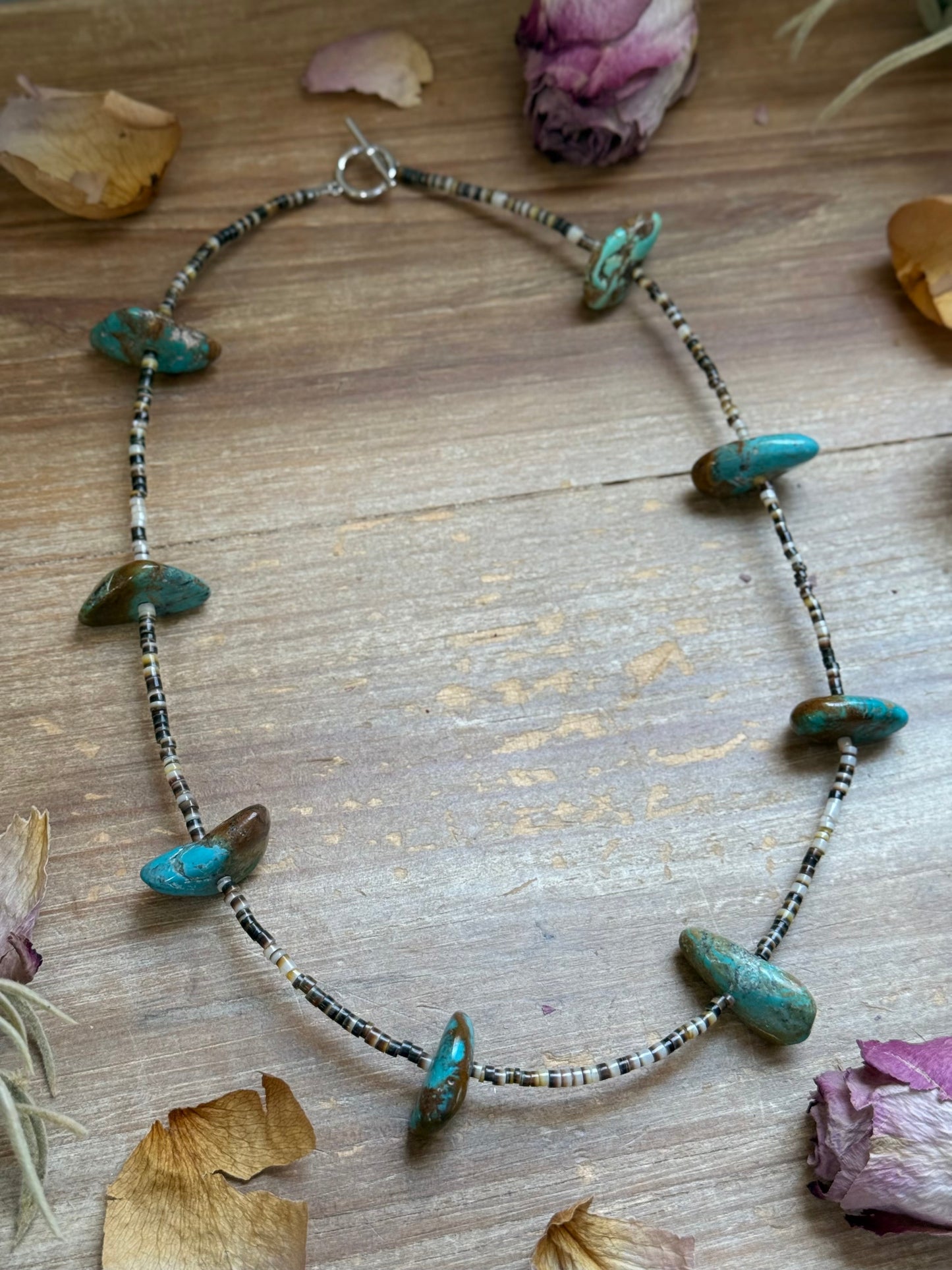 22” Chunky Turquoise & Dark Brown Shell Heishi Necklace