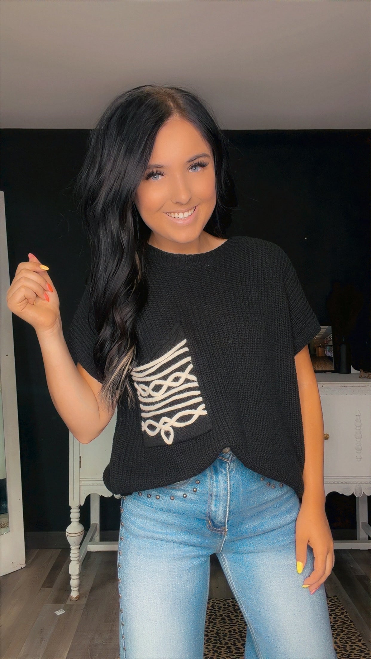 Black Boot-Stitched Sweater Top