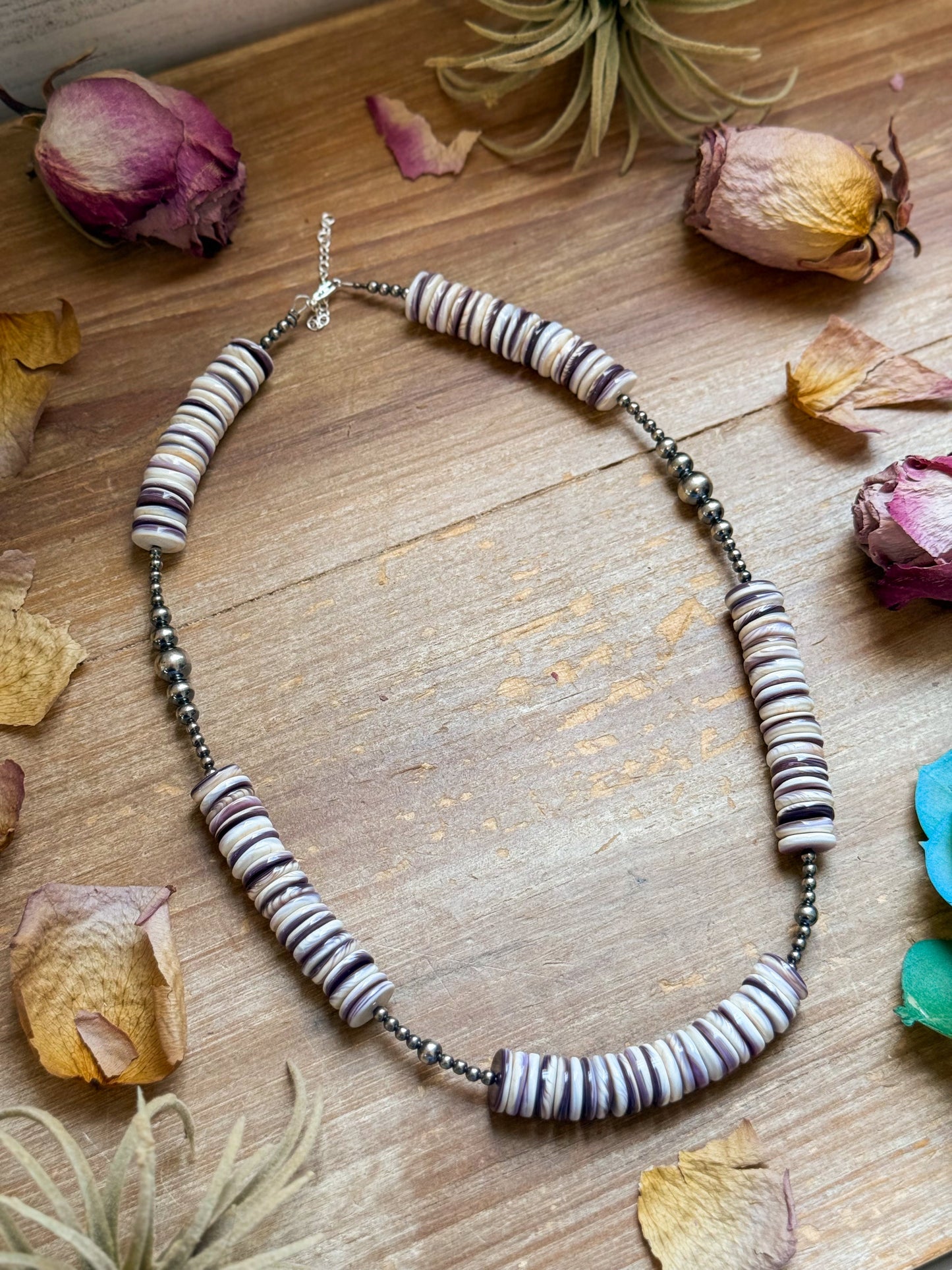 19.5” Wampum Shell Necklace – 3–8mm Sterling Silver Pearls