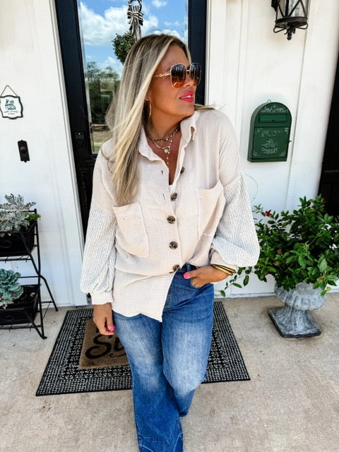In the Moment Knit Sleeve Top- Beige